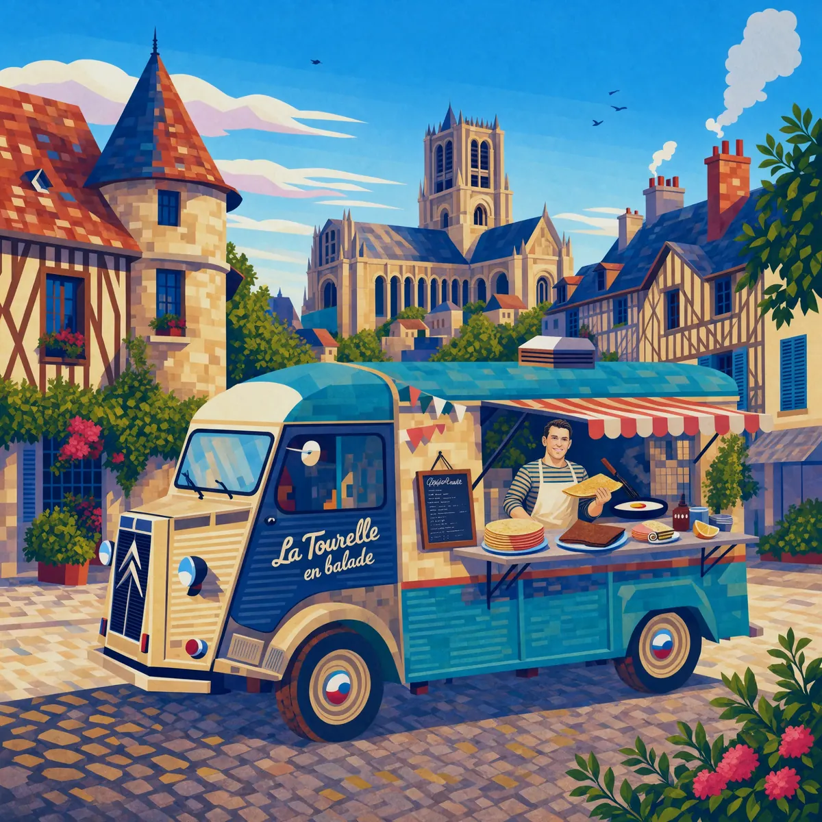 Illustration en mosaïque : le camion Citroën « La Tourelle en balade » devant la tourelle, les maisons à pans de bois et la cathédrale de Troyes